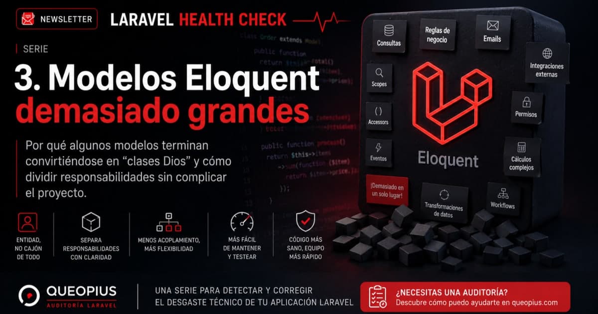 Imagen destacada del artículo Modelos Eloquent demasiado grandes publicado en LinkedIn por Queopius